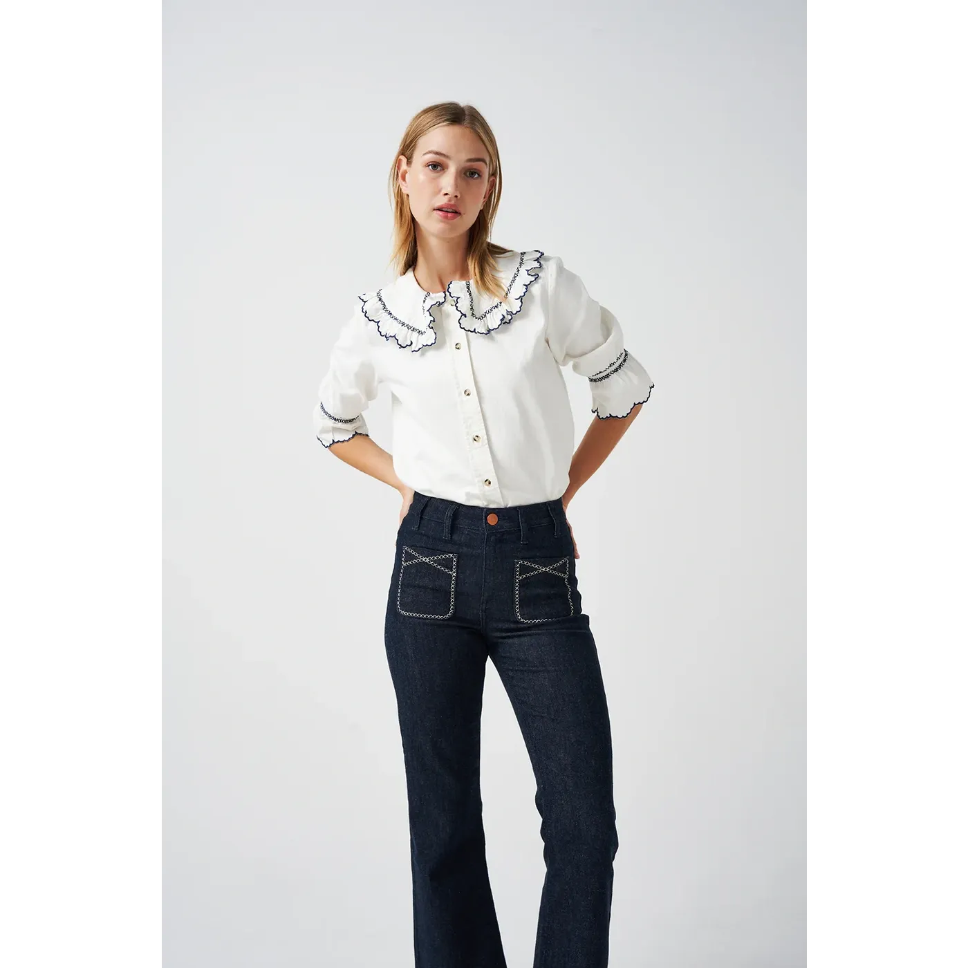Off-White Daisy Blouse with Blue Detailing