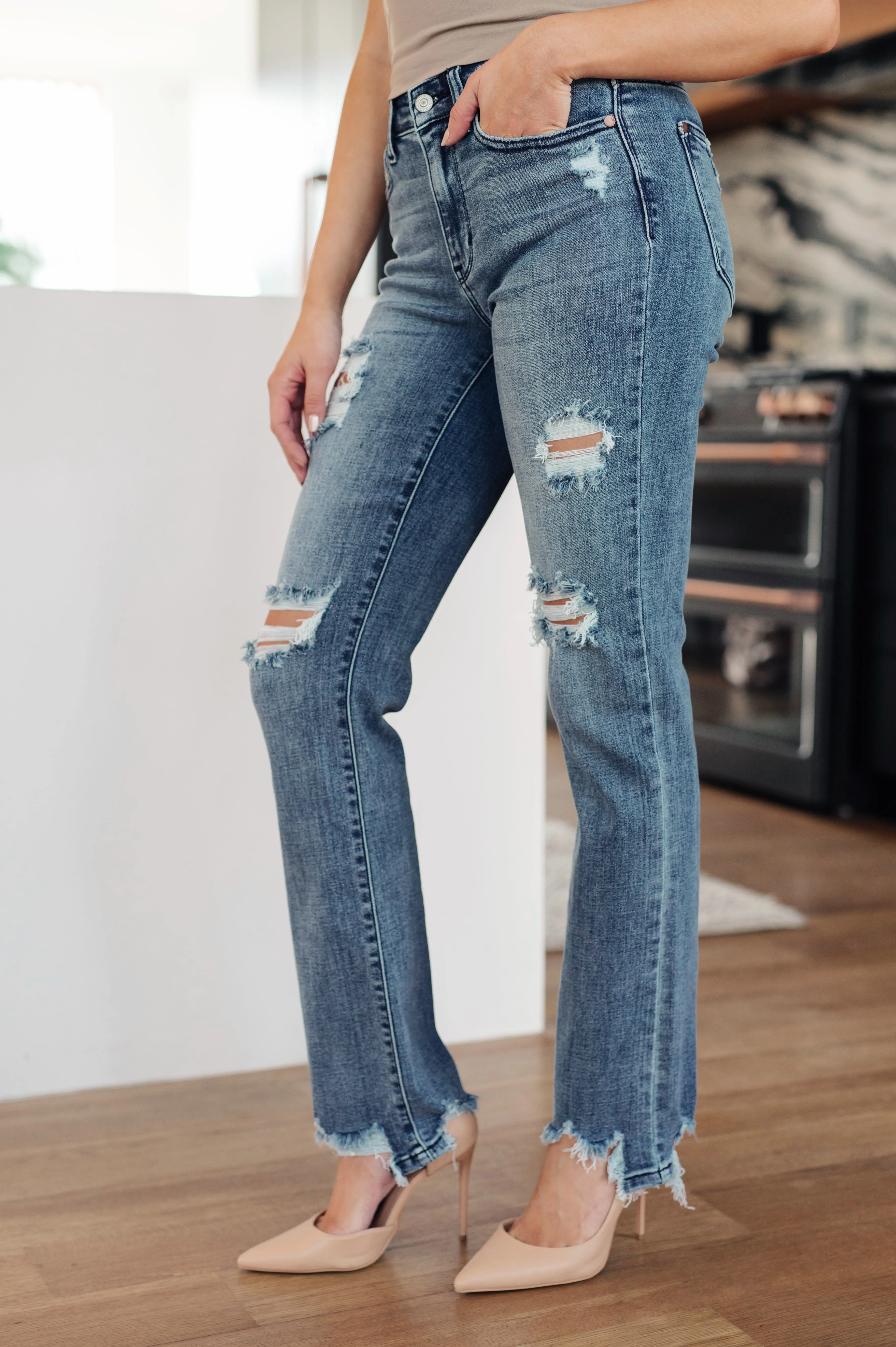 O'Hara Destroyed Straight Jeans - Mid Rise, Distressed, Judy Blue, 4-Way Stretch