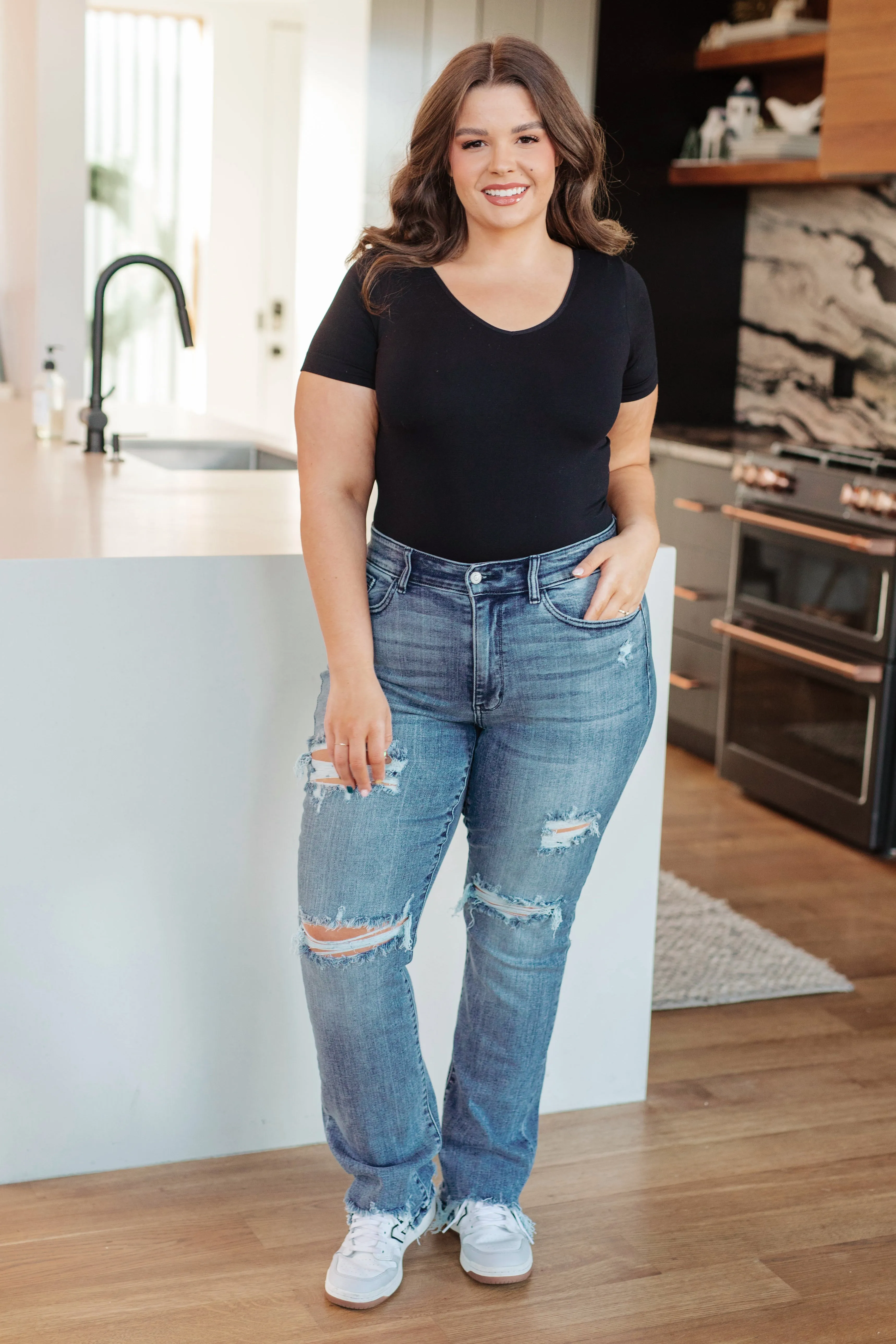 O'Hara Destroyed Straight Jeans - Mid Rise, Distressed, Judy Blue, 4-Way Stretch