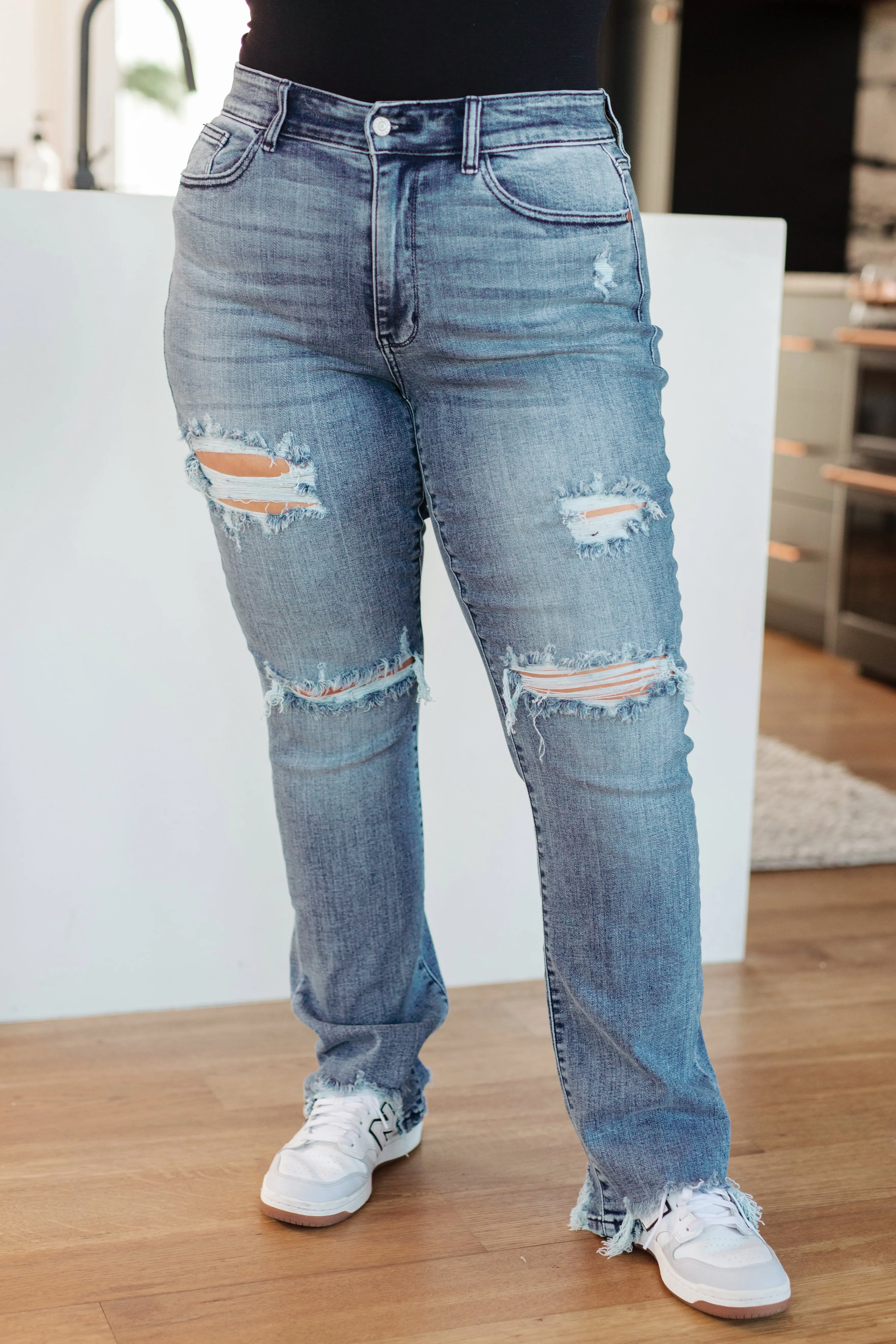 O'Hara Destroyed Straight Jeans - Mid Rise, Distressed, Judy Blue, 4-Way Stretch