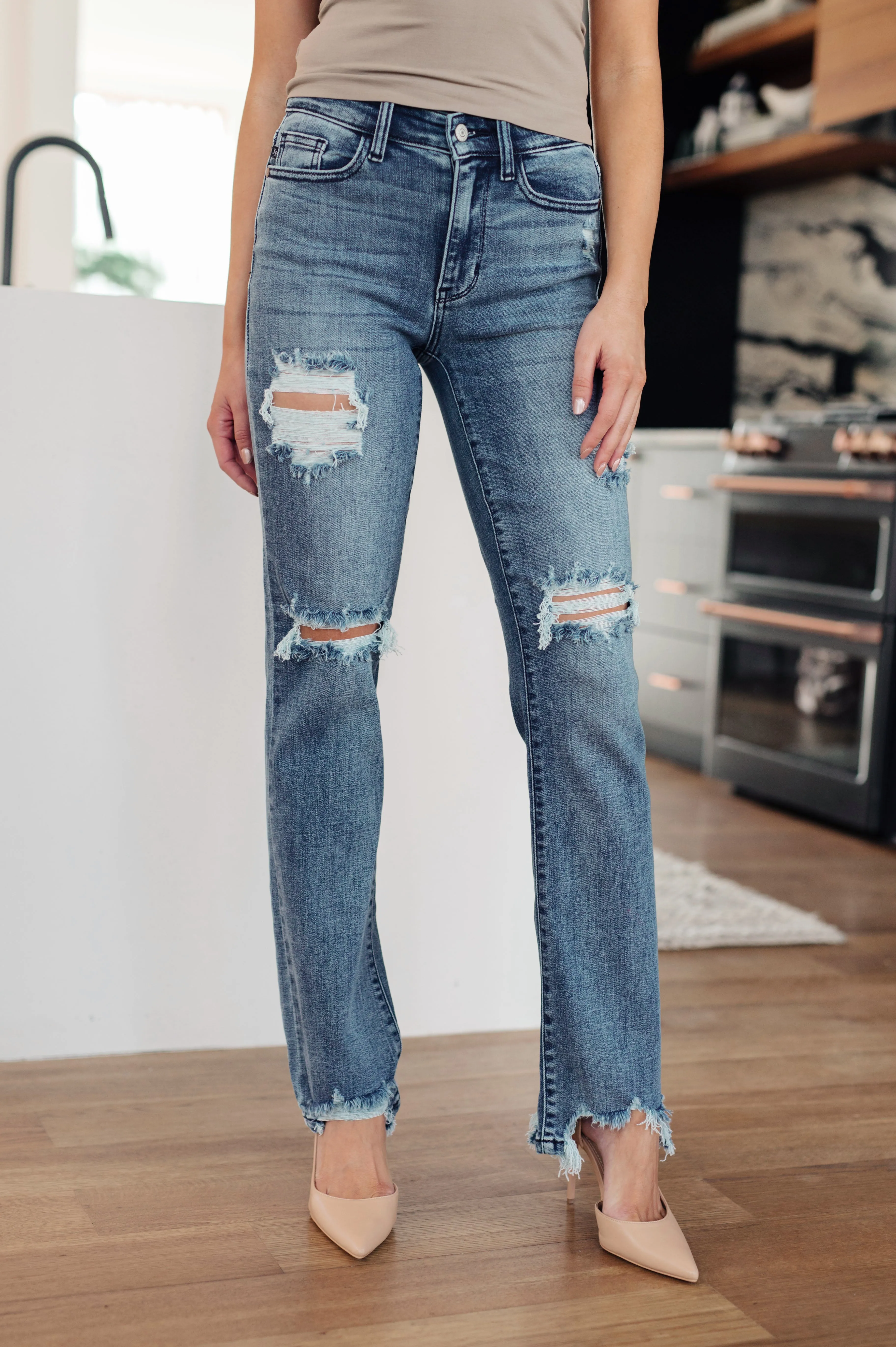 O'Hara Destroyed Straight Jeans - Mid Rise, Distressed, Judy Blue, 4-Way Stretch