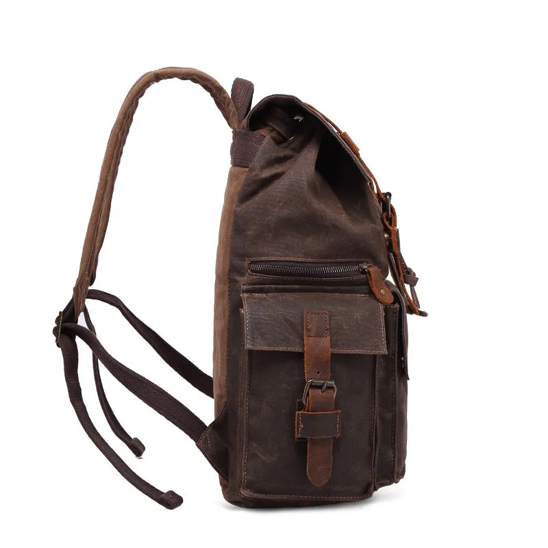 Outing Waxed Canvas Leather Backpack, Big Capacity Laptop Backpack, Vintage Waterproof Shoulder School Bag 5358