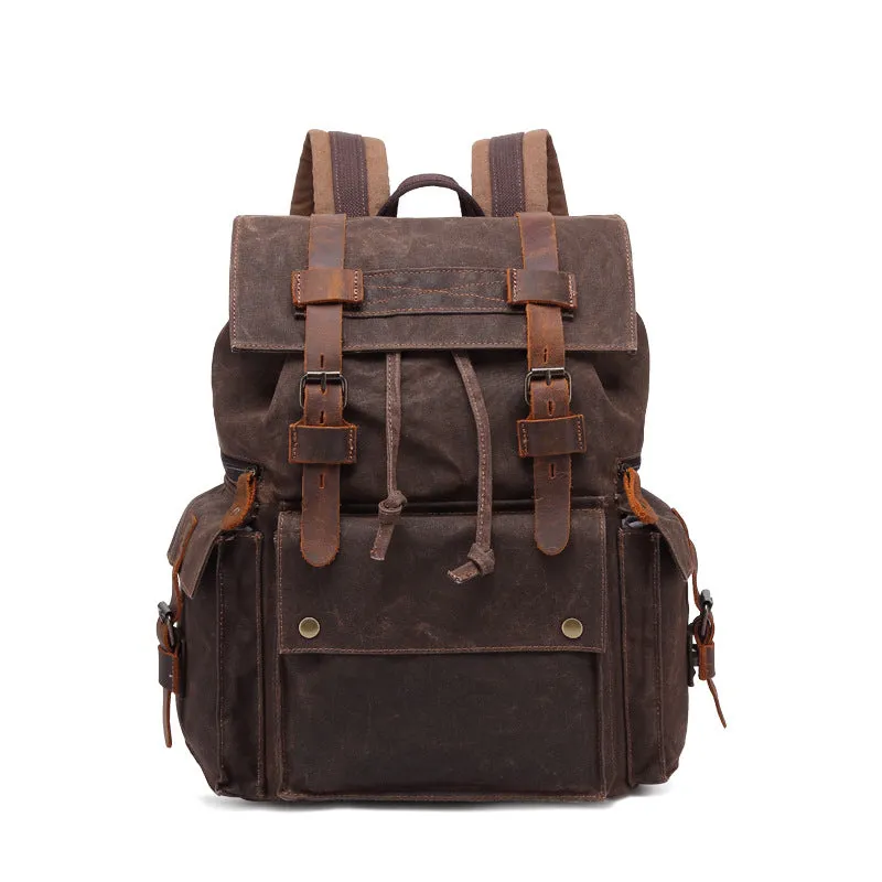 Outing Waxed Canvas Leather Backpack, Big Capacity Laptop Backpack, Vintage Waterproof Shoulder School Bag 5358