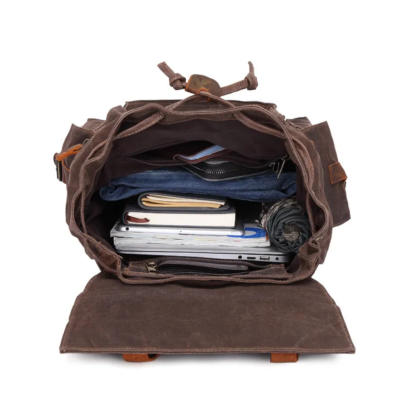 Outing Waxed Canvas Leather Backpack, Big Capacity Laptop Backpack, Vintage Waterproof Shoulder School Bag 5358