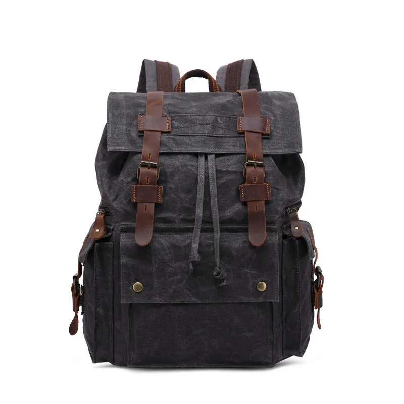 Outing Waxed Canvas Leather Backpack, Big Capacity Laptop Backpack, Vintage Waterproof Shoulder School Bag 5358