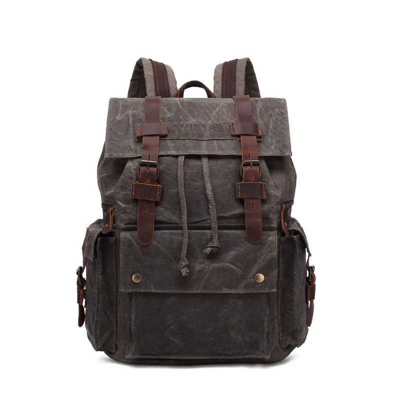 Outing Waxed Canvas Leather Backpack, Big Capacity Laptop Backpack, Vintage Waterproof Shoulder School Bag 5358