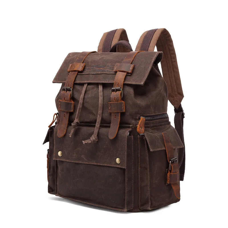 Outing Waxed Canvas Leather Backpack, Big Capacity Laptop Backpack, Vintage Waterproof Shoulder School Bag 5358