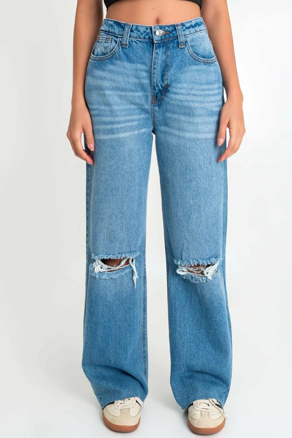 Pantalón denim wide leg con rotos