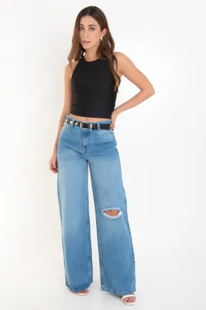 Pantalón wide leg de denim tiro alto
