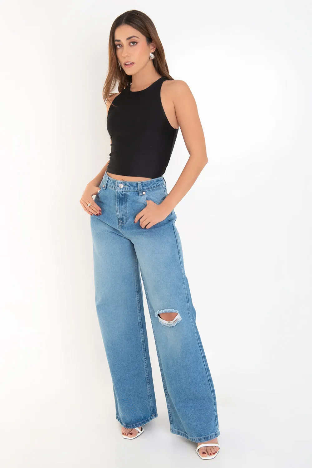 Pantalón wide leg de denim tiro alto