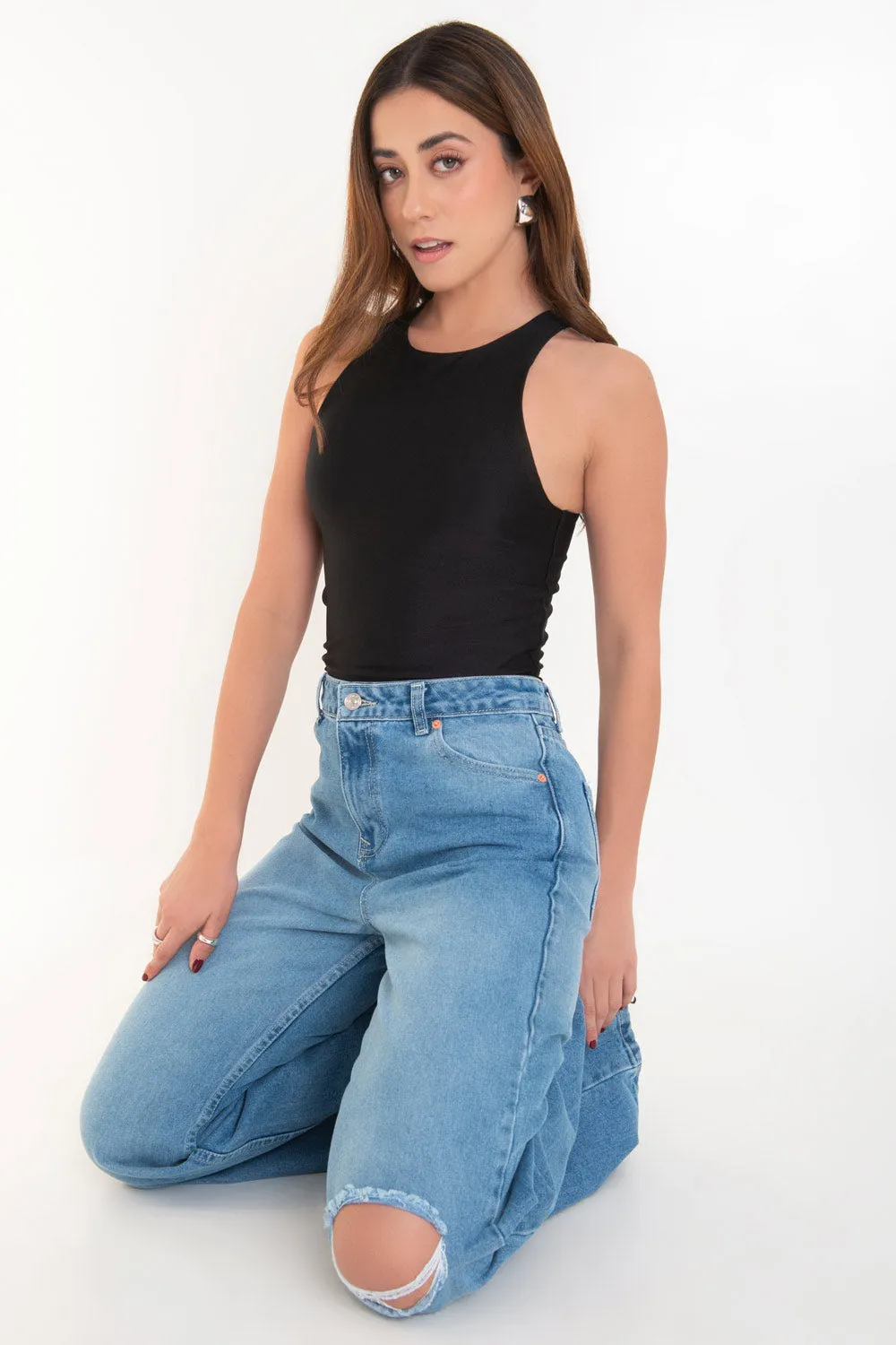 Pantalón wide leg de denim tiro alto