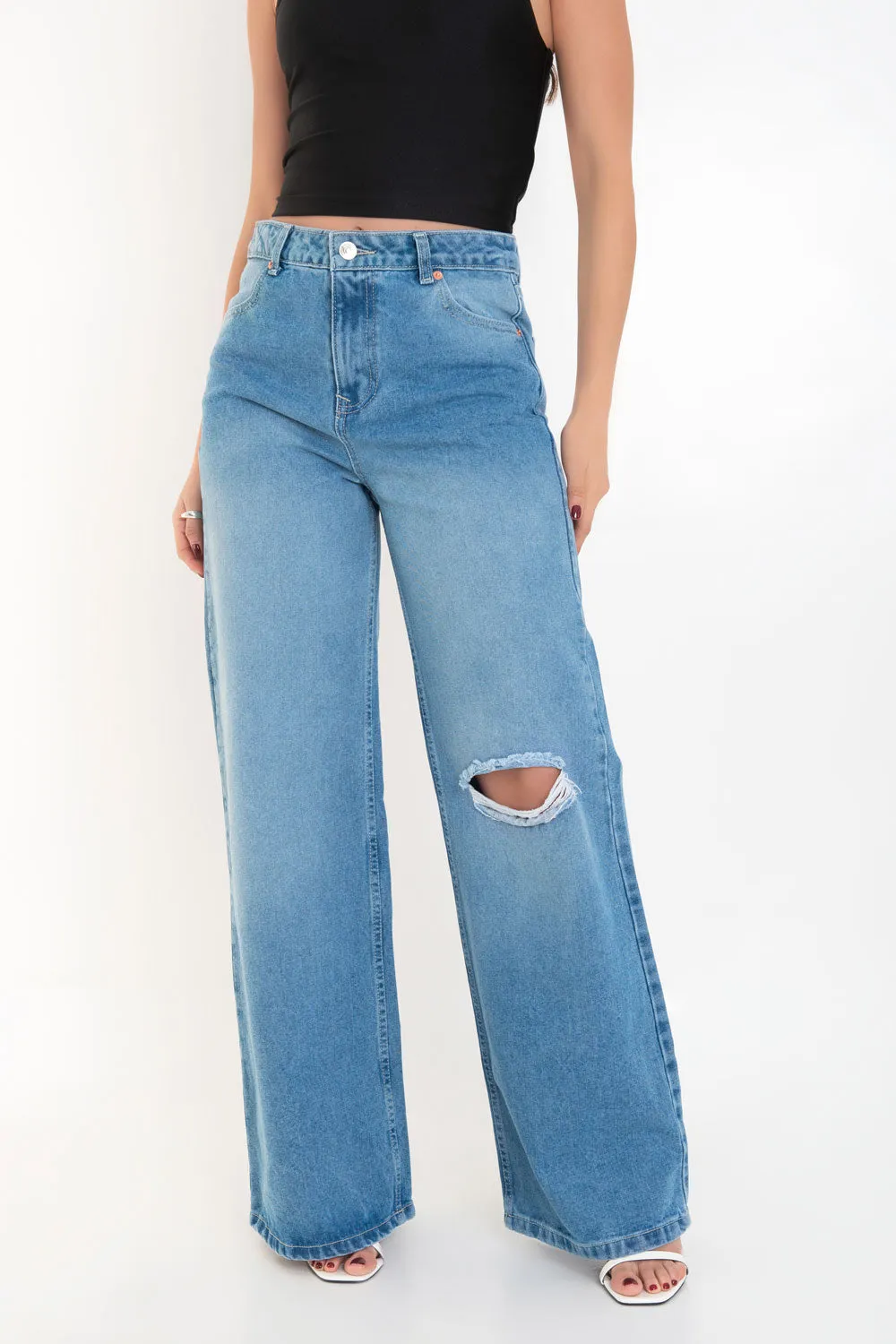 Pantalón wide leg de denim tiro alto