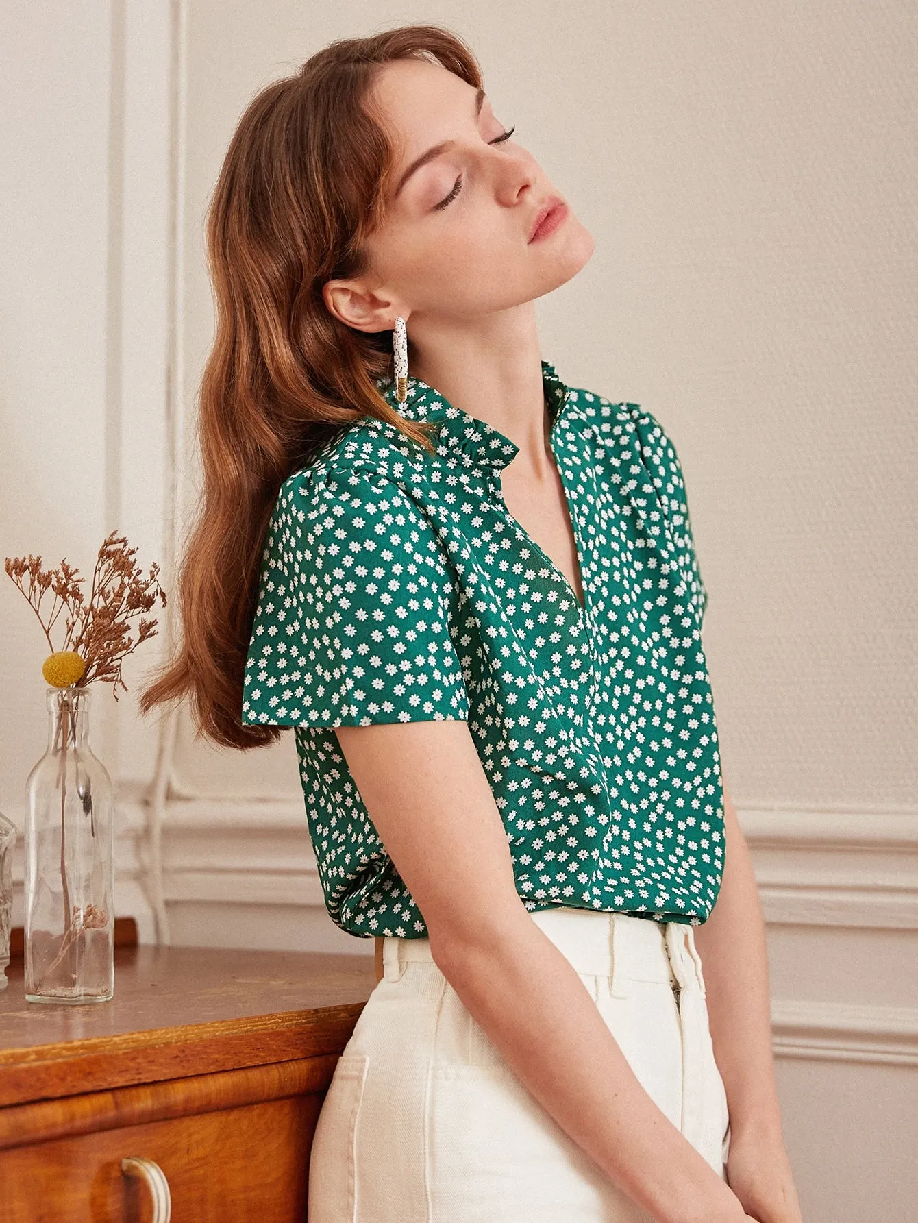 Parien Frenchy Ditsy Floral Notched Neck Blouse( Clearance Sale)