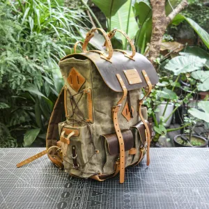 【Physical Patterns】Waxed canvas and leather backpack 35 liter handmade leather waxed backpack, suitable for travel, camping, hunting, hiking
