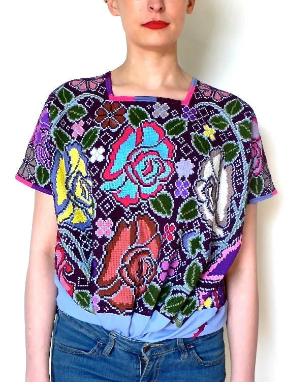 Pink Purple yellow and green cross stitch blouse top .
