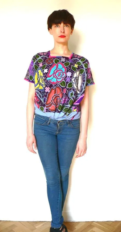 Pink Purple yellow and green cross stitch blouse top .