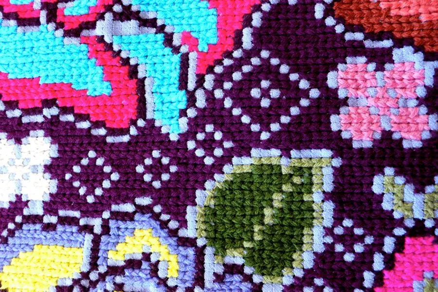 Pink Purple yellow and green cross stitch blouse top .