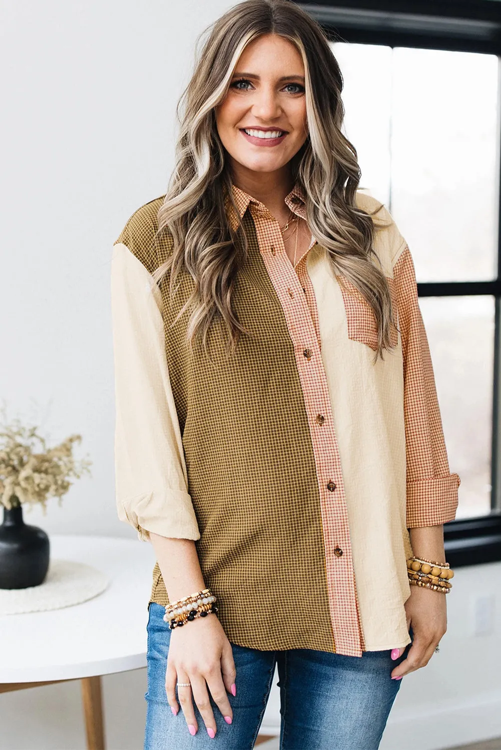 Plaid Color Block Long Sleeve Shirt