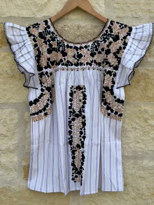 Plaid with Black and Tan Flutter Sleeve Felicia Blouse