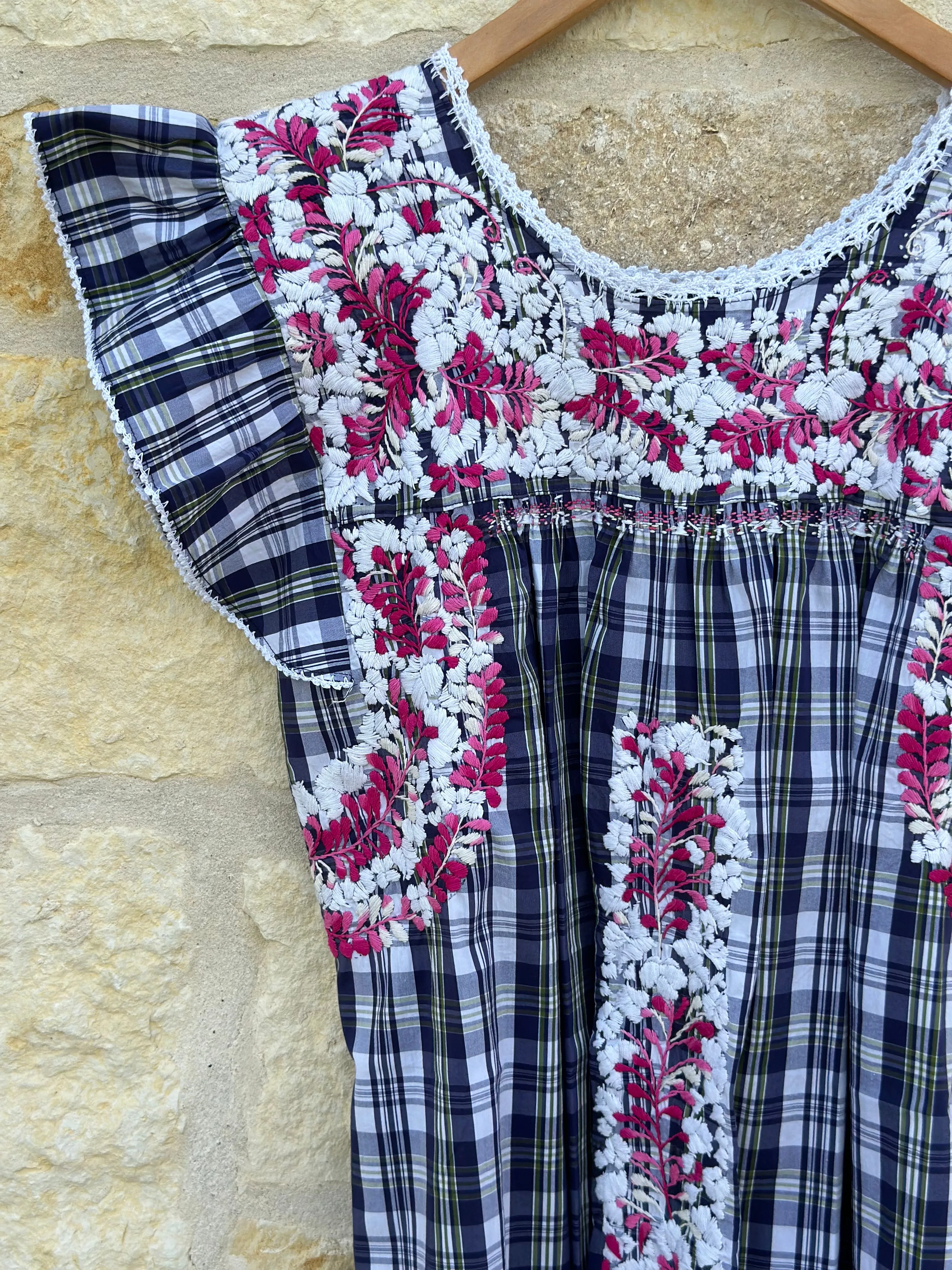 Plaid with White and Pink Flutter Sleeve Felicia Blouse