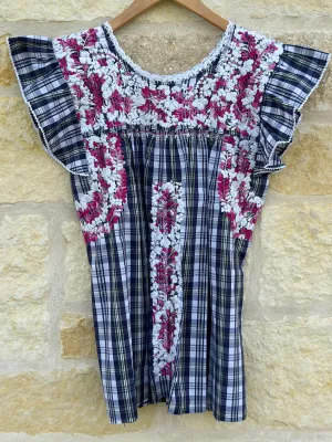 Plaid with White and Pink Flutter Sleeve Felicia Blouse
