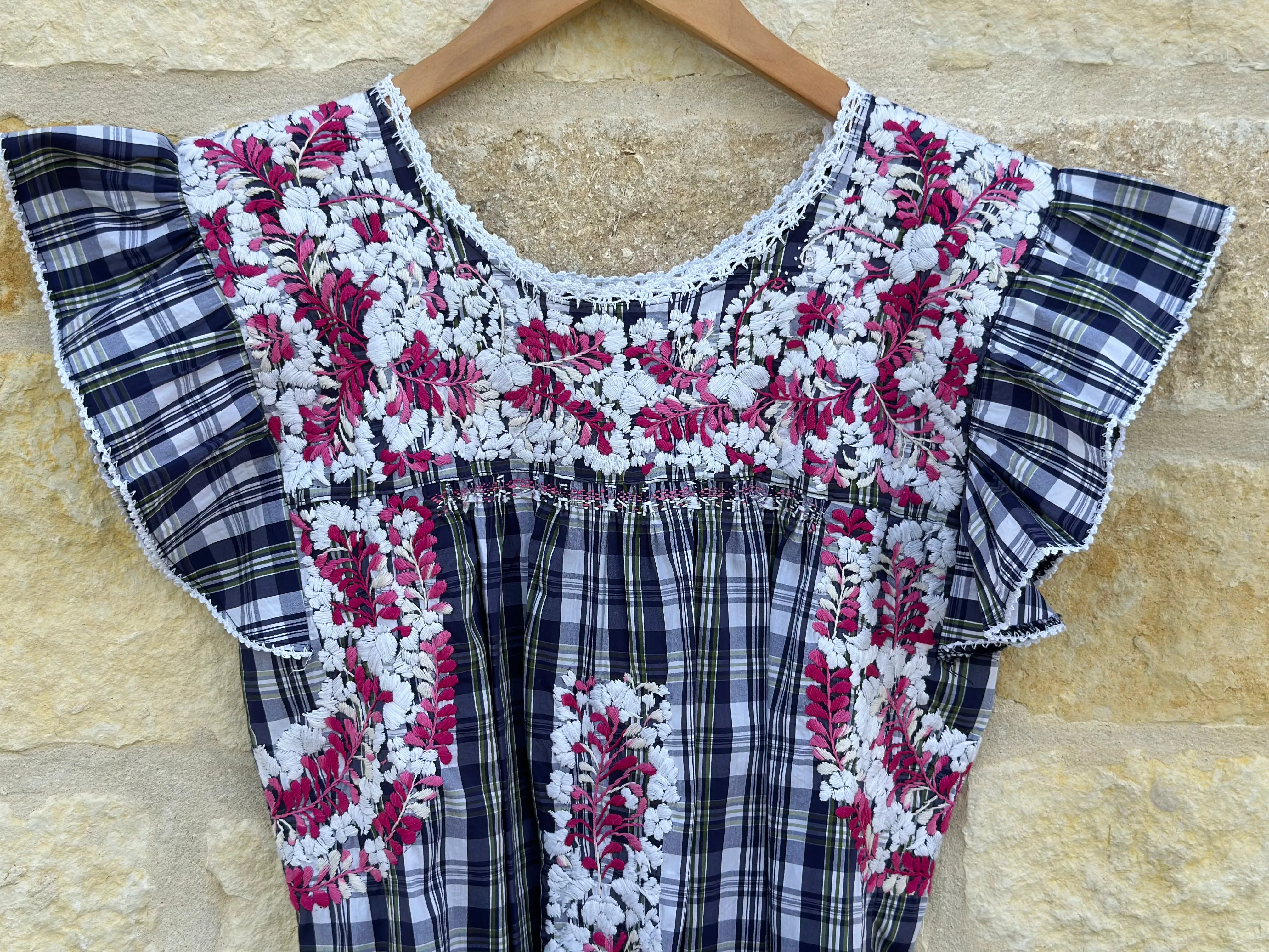 Plaid with White and Pink Flutter Sleeve Felicia Blouse