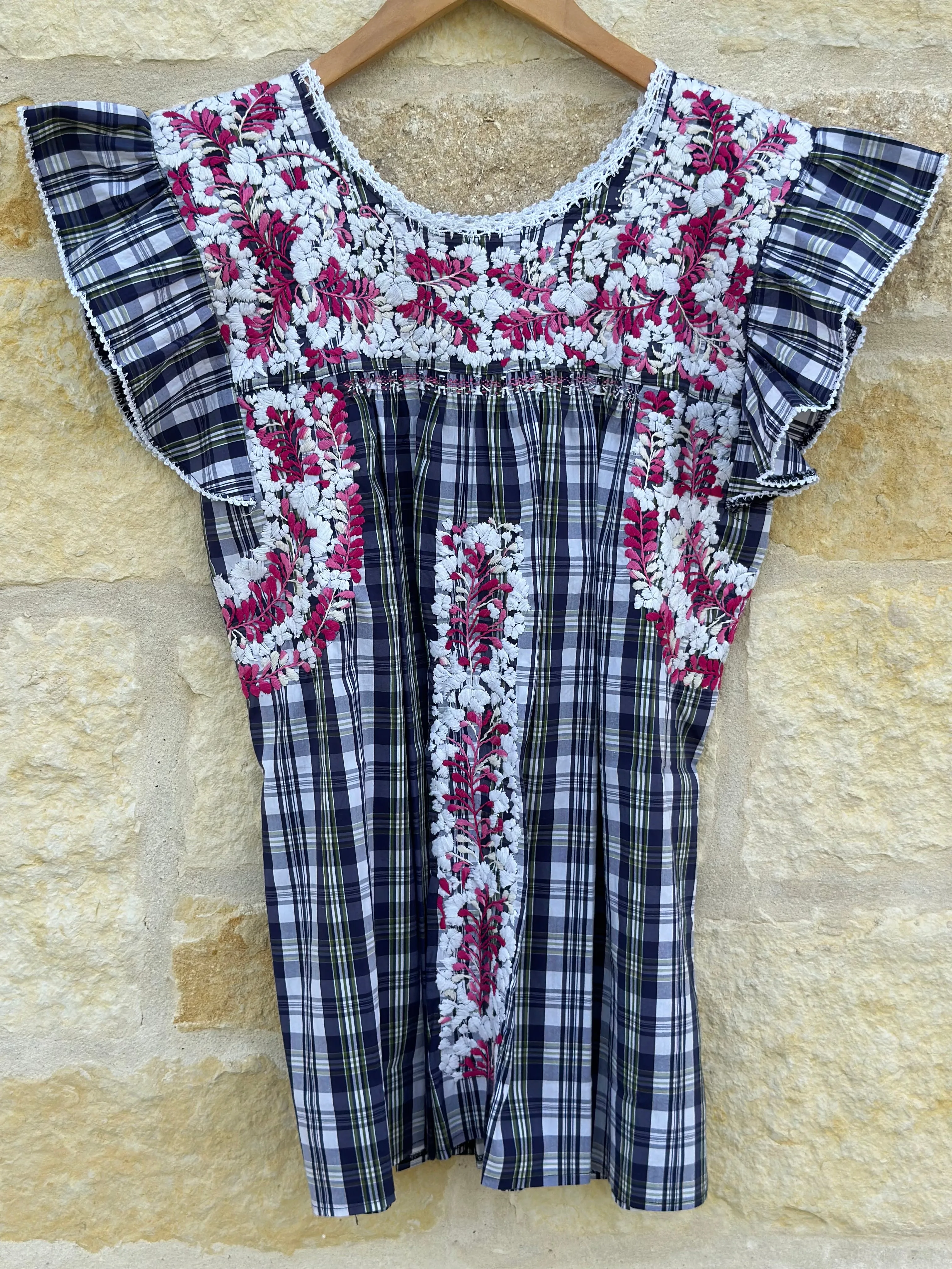 Plaid with White and Pink Flutter Sleeve Felicia Blouse