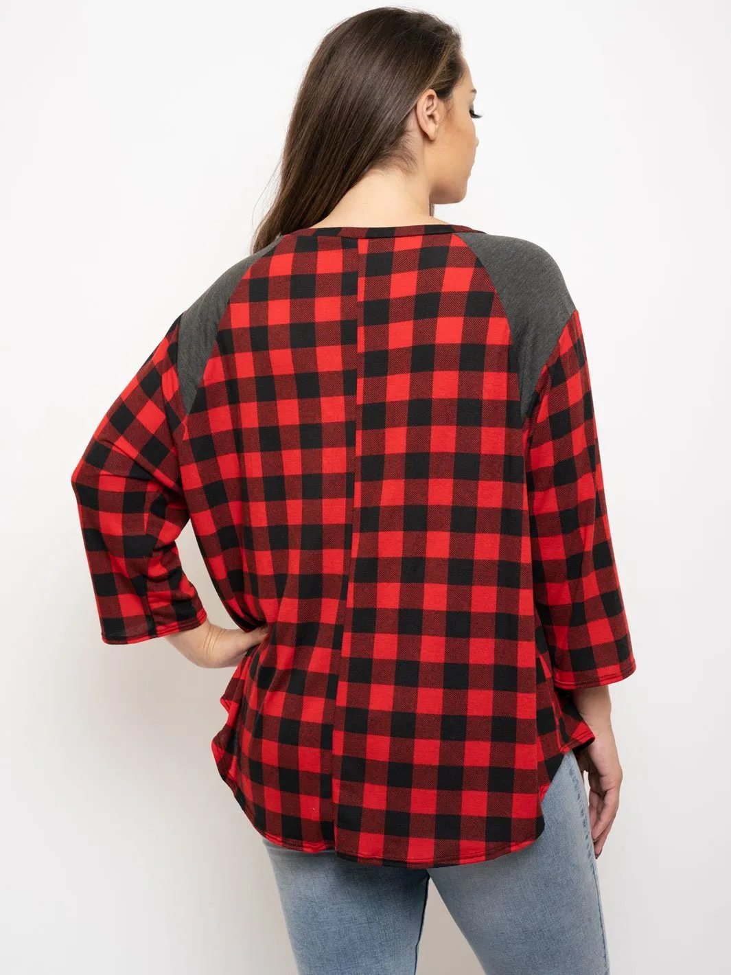 PLUS SIZE 3/4 SLEEVES TUNIC PLAID TOP
