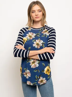 PLUS SIZE BASEBALL TEE 3/4 SLEEVE STRIPES FLORAL BODY TOP