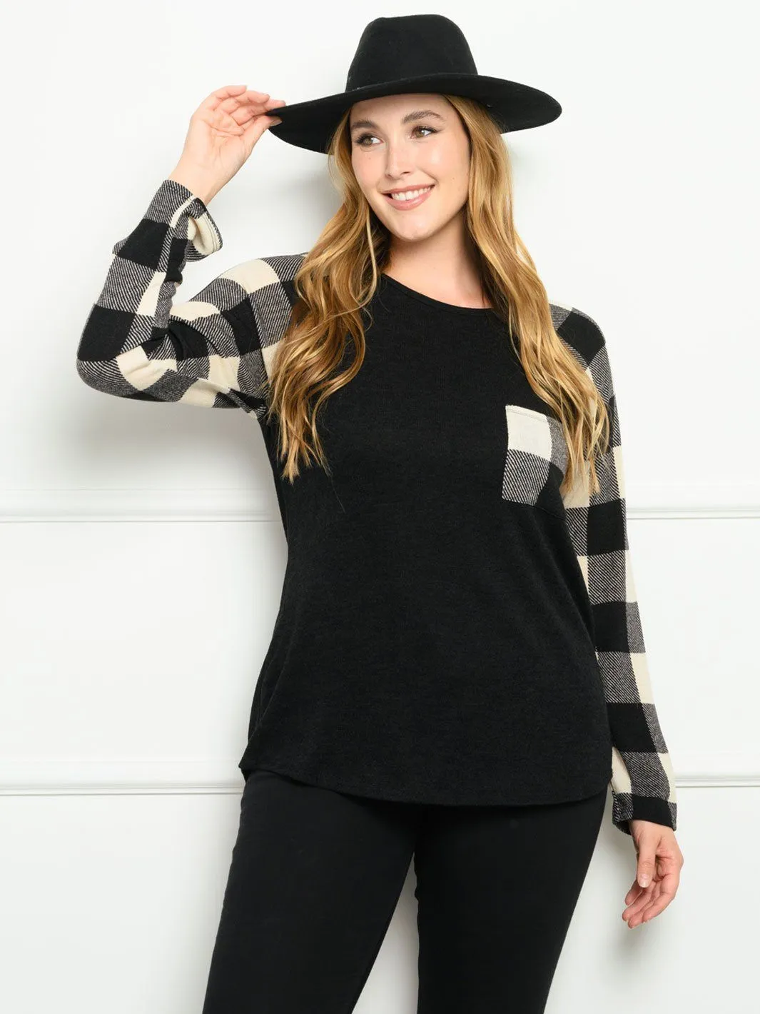 PLUS SIZE CONTRAST PLAID SOLID LONG SLEEVE TOP