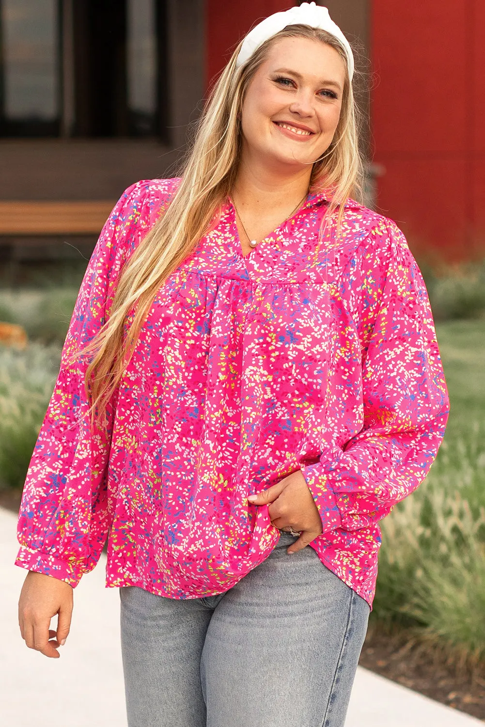 Plus Size Floral Print Puff Sleeve Blouse