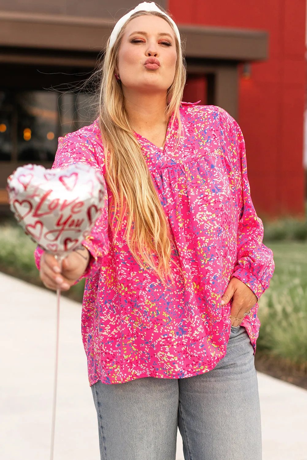 Plus Size Floral Print Puff Sleeve Blouse