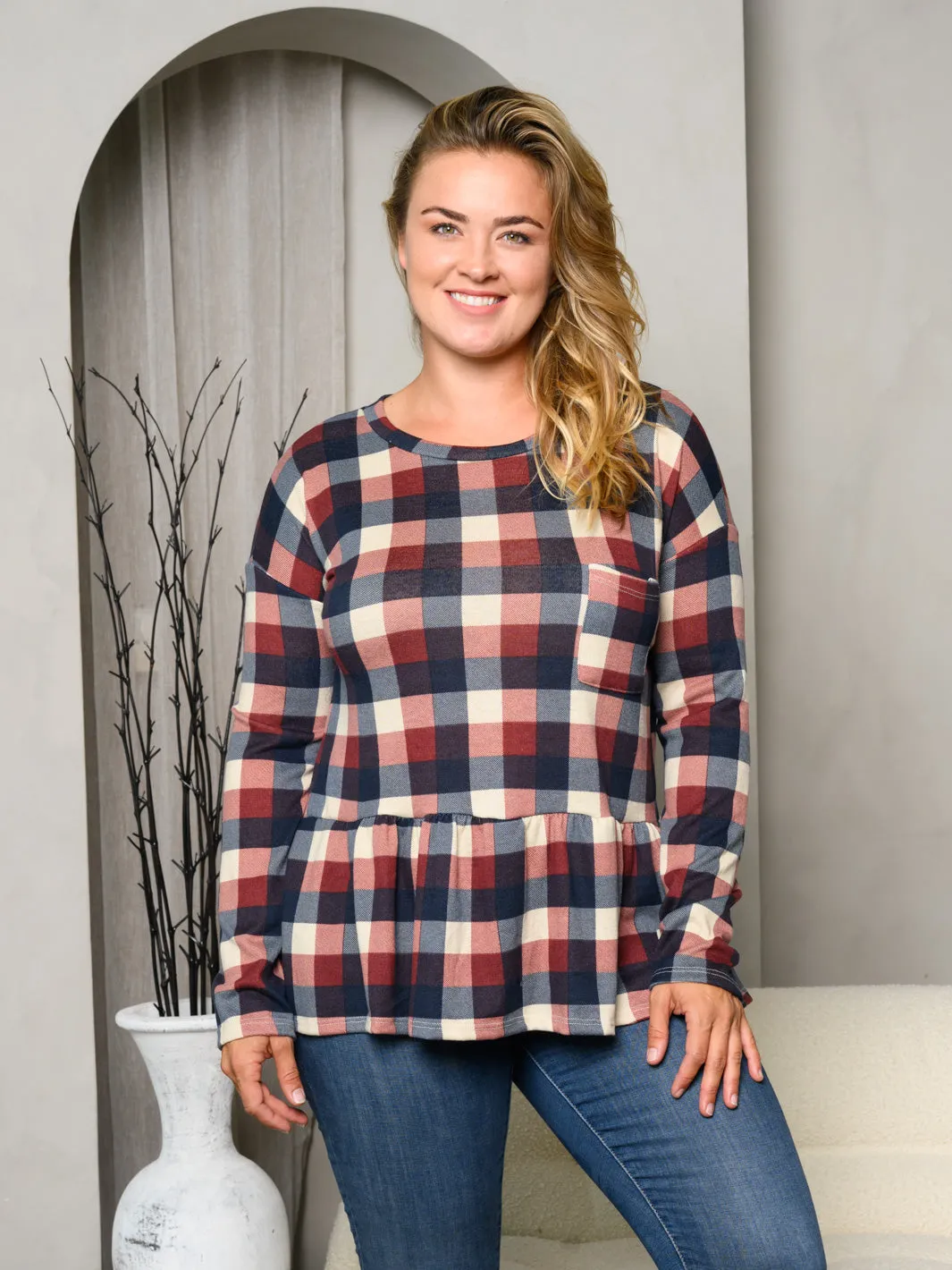 PLUS SIZE LONG SLEEVE FRONT POCKET PLAID PEPLUM TOP