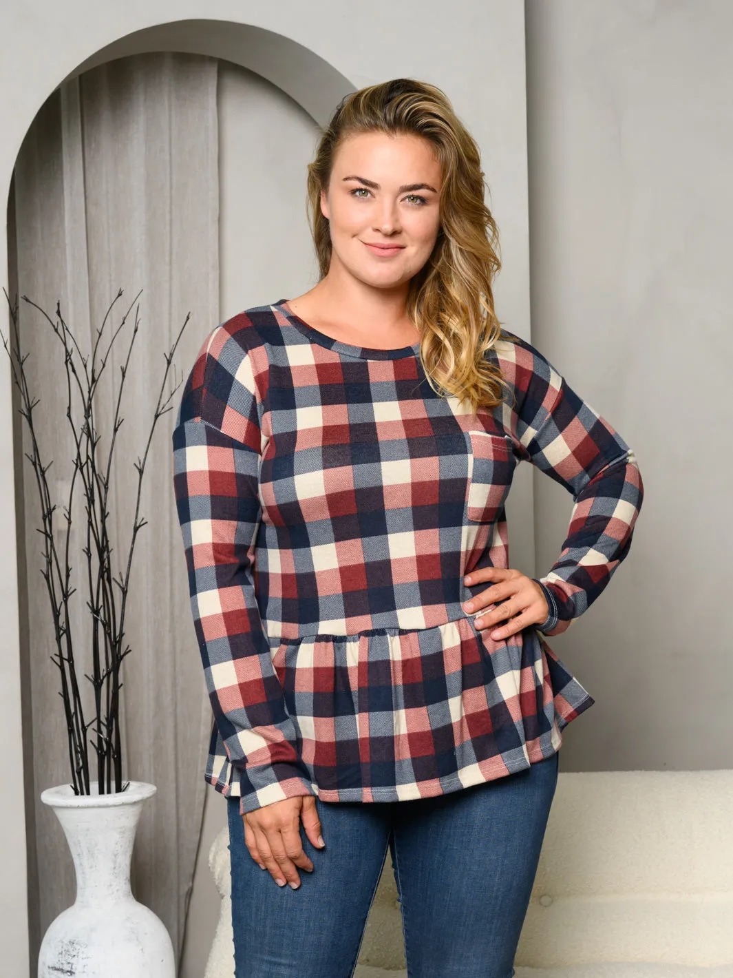 PLUS SIZE LONG SLEEVE FRONT POCKET PLAID PEPLUM TOP