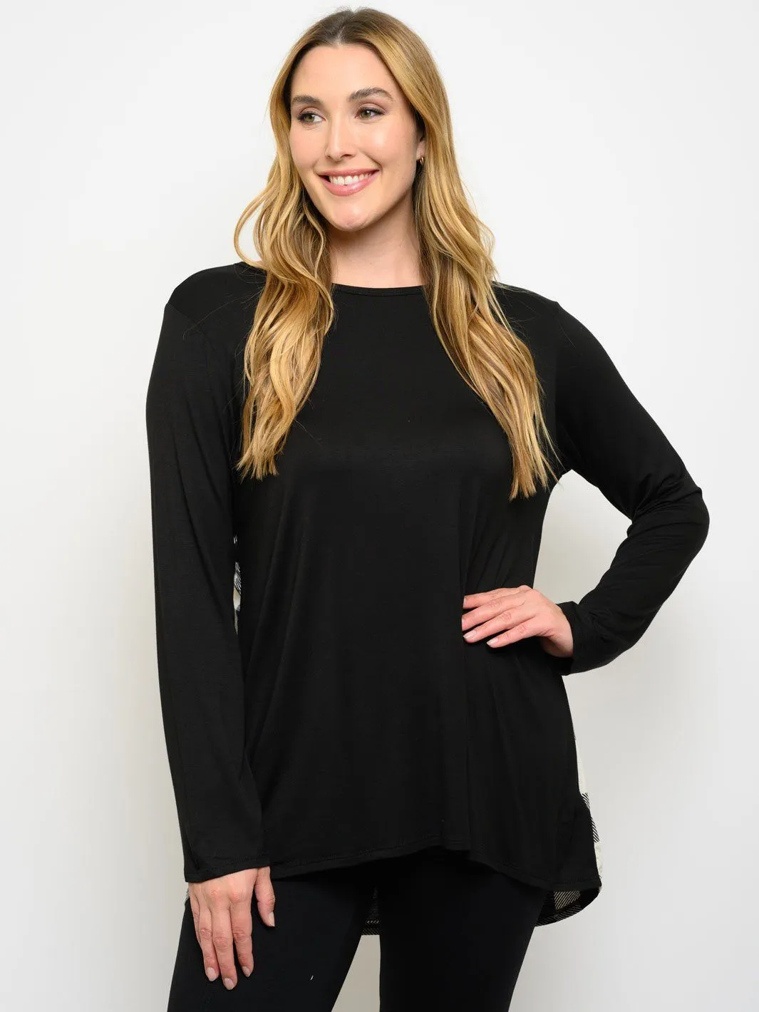 PLUS SIZE LONG SLEEVE PLAID BACK TUNIC TOP
