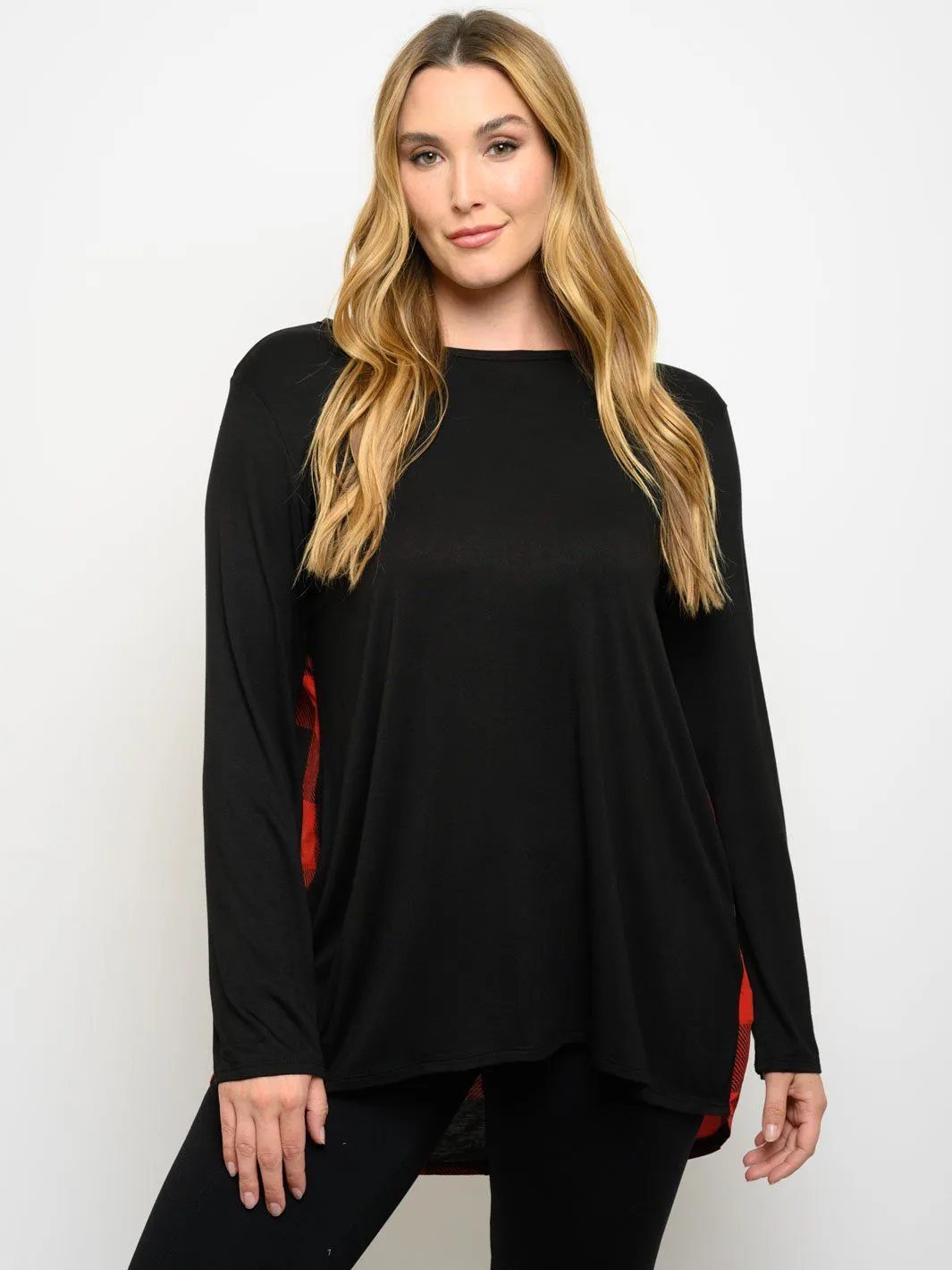 PLUS SIZE LONG SLEEVE PLAID BACK TUNIC TOP