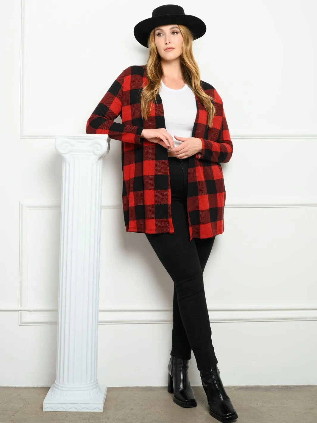 PLUS SIZE PLAID WITH POCKETS LONG SLEEVE CARDIGAN