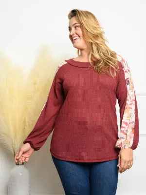 PLUS SIZE SOLID WAFFLE CONTRAST PRINT TOP