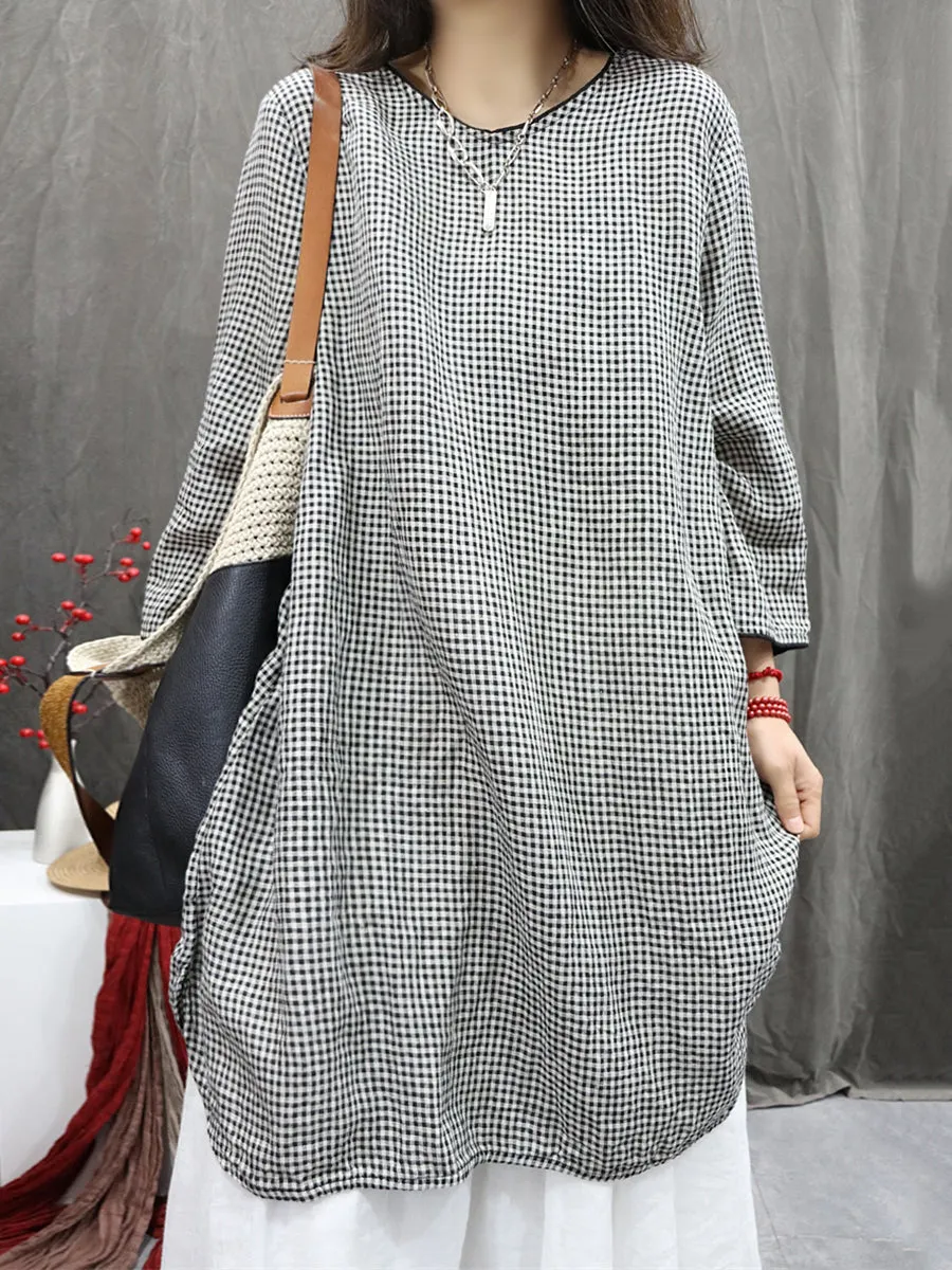 Plus Size Women Vintage Plaid O-Neck 100%Linen Long Shirt