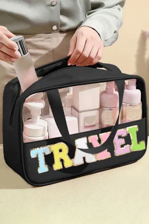 PREORDER! ETA 3/21 Chenille 'Travel' Black and Clear Makeup Bag **SHIPPING EXPECTED TO BEGIN ON DATE 3/21**