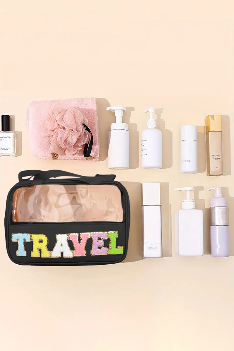 PREORDER! ETA 3/21 Chenille 'Travel' Black and Clear Makeup Bag **SHIPPING EXPECTED TO BEGIN ON DATE 3/21**