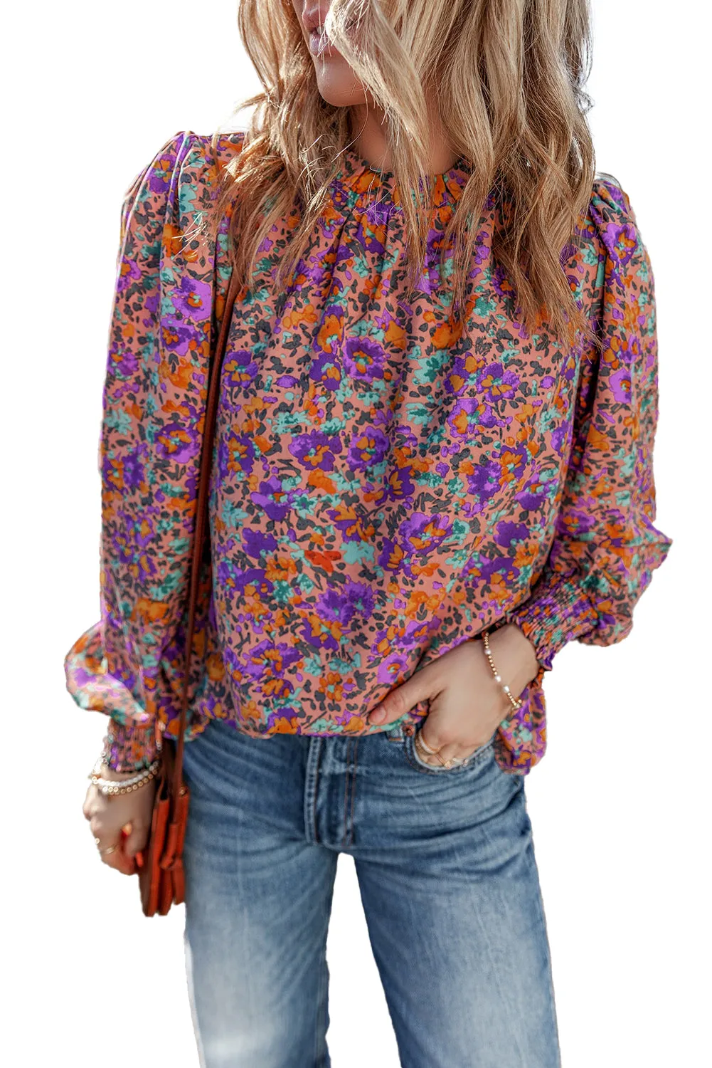 Purple Floral Allover Print Shirred Cuff Frilled O Neck Blouse
