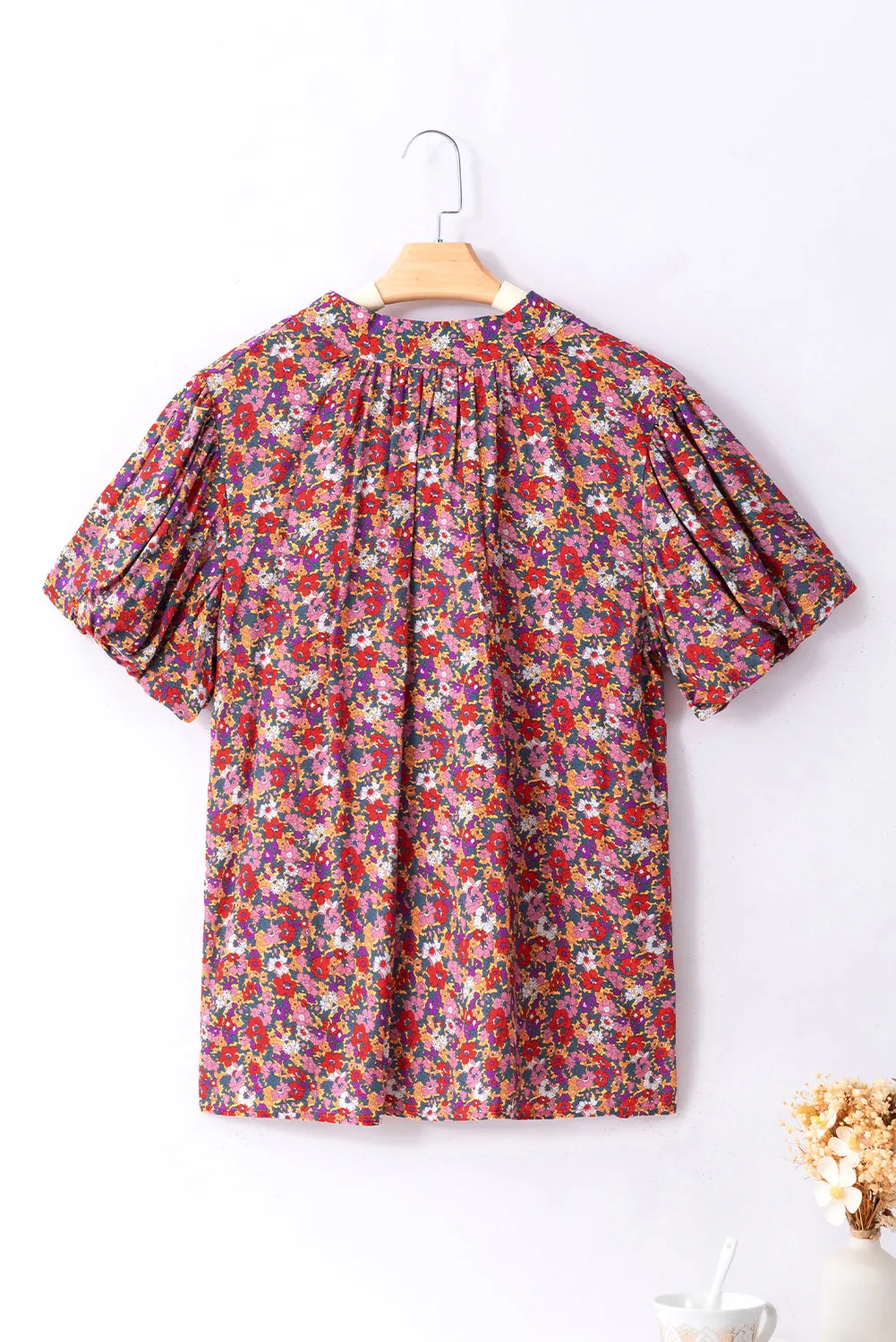 Purple Floral Print Knotted High Neck Puff Sleeve Blouse