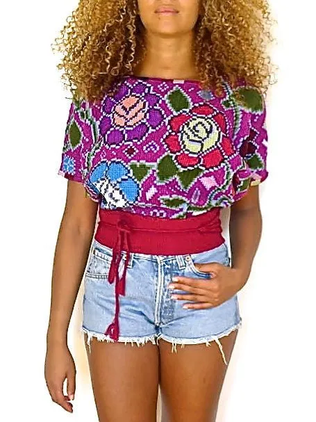 purple red cross stitch blouse top