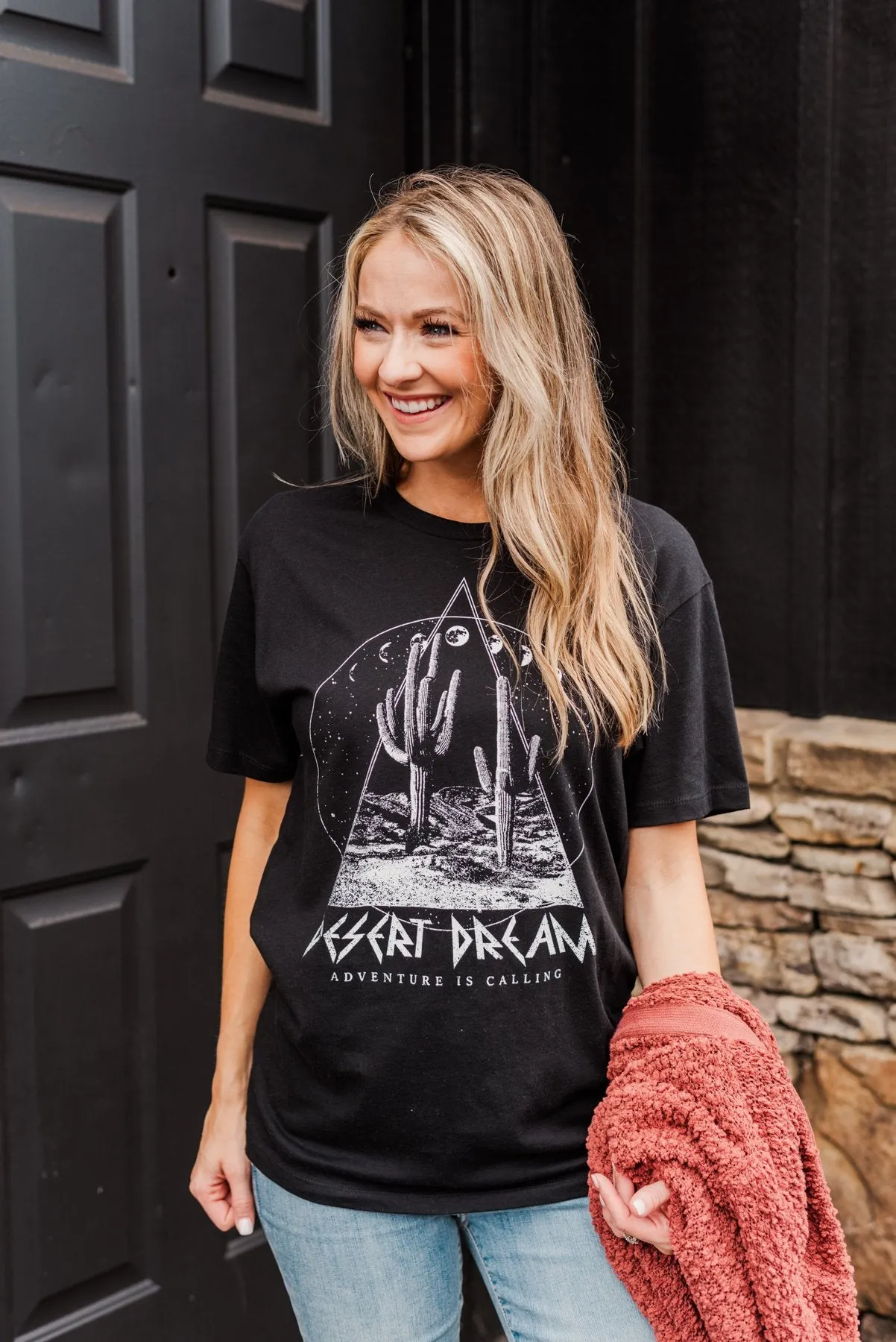 "Desert Dream, Adventure Is Calling" Graphic Top- Black