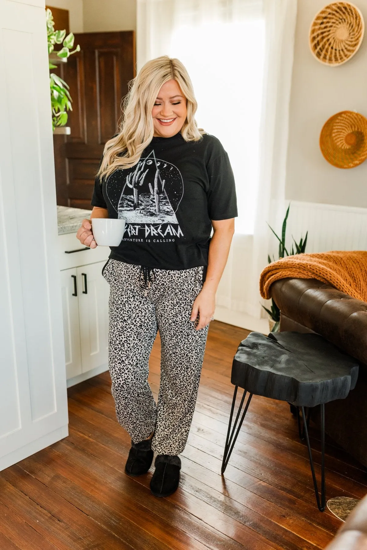 "Desert Dream, Adventure Is Calling" Graphic Top- Black