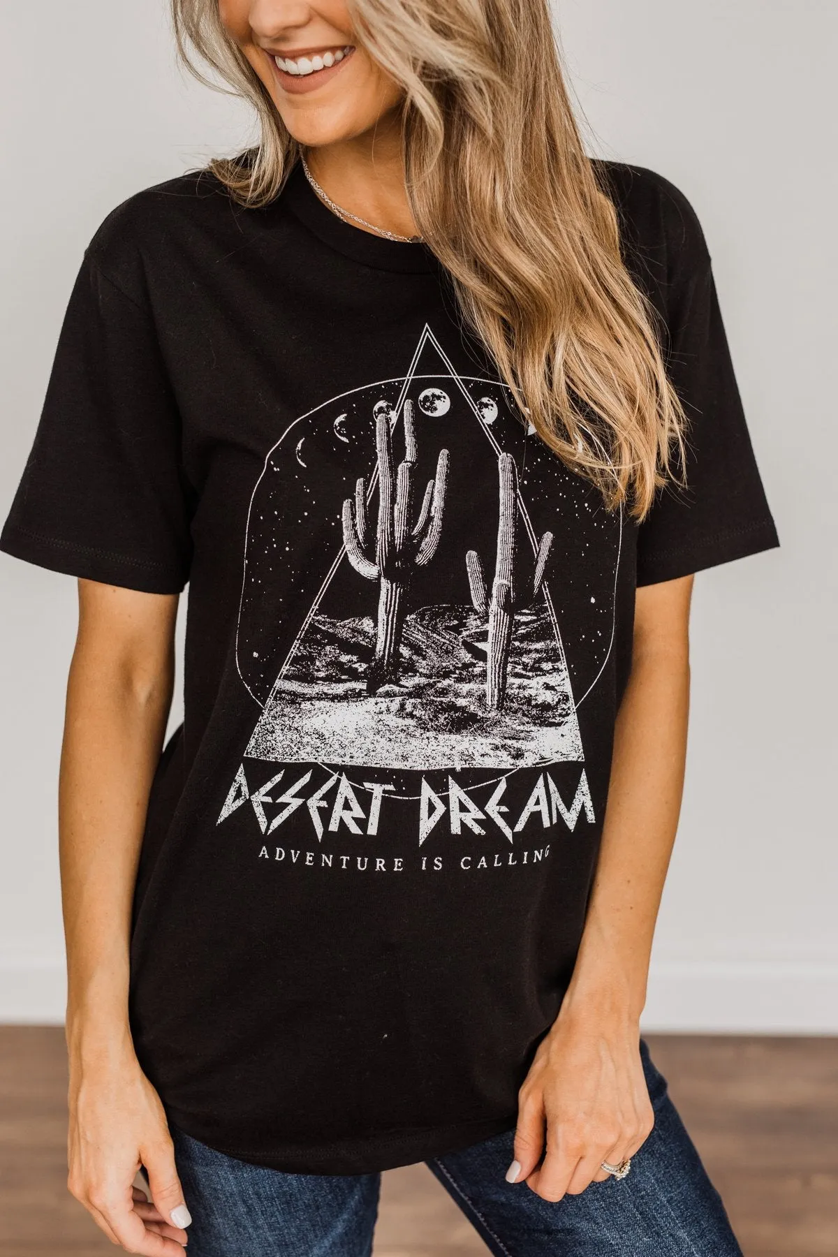 "Desert Dream, Adventure Is Calling" Graphic Top- Black