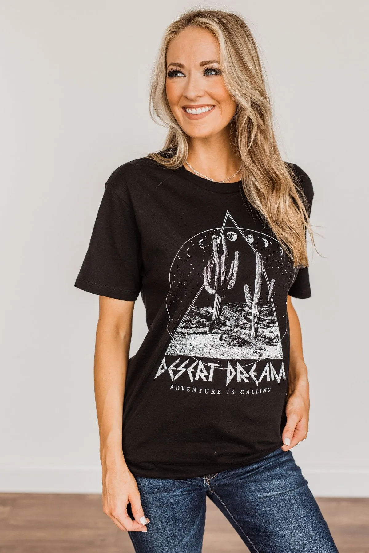 "Desert Dream, Adventure Is Calling" Graphic Top- Black