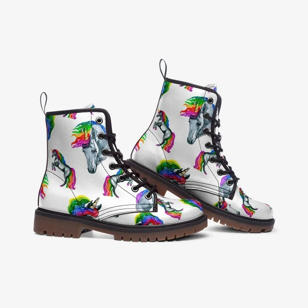 Rainbow Unicorn LGBTQ  White Vegan Leather Unisex Boots