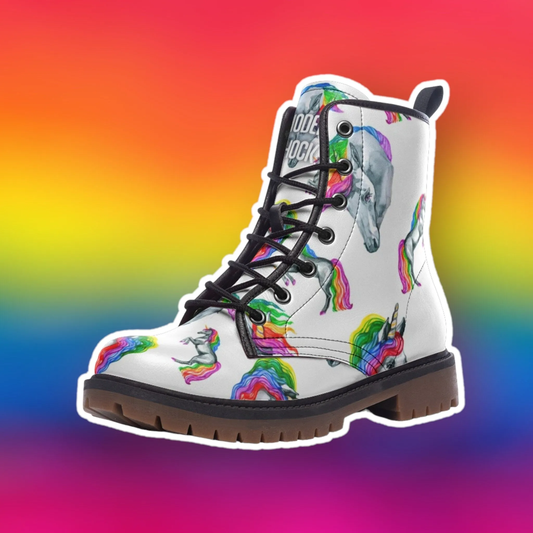 Rainbow Unicorn LGBTQ  White Vegan Leather Unisex Boots